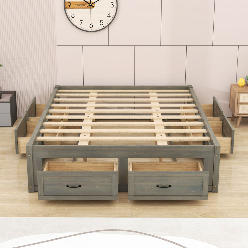 Lit plateforme 6 tiroirs en bois avec pieds centraux, Gris, Grand lit