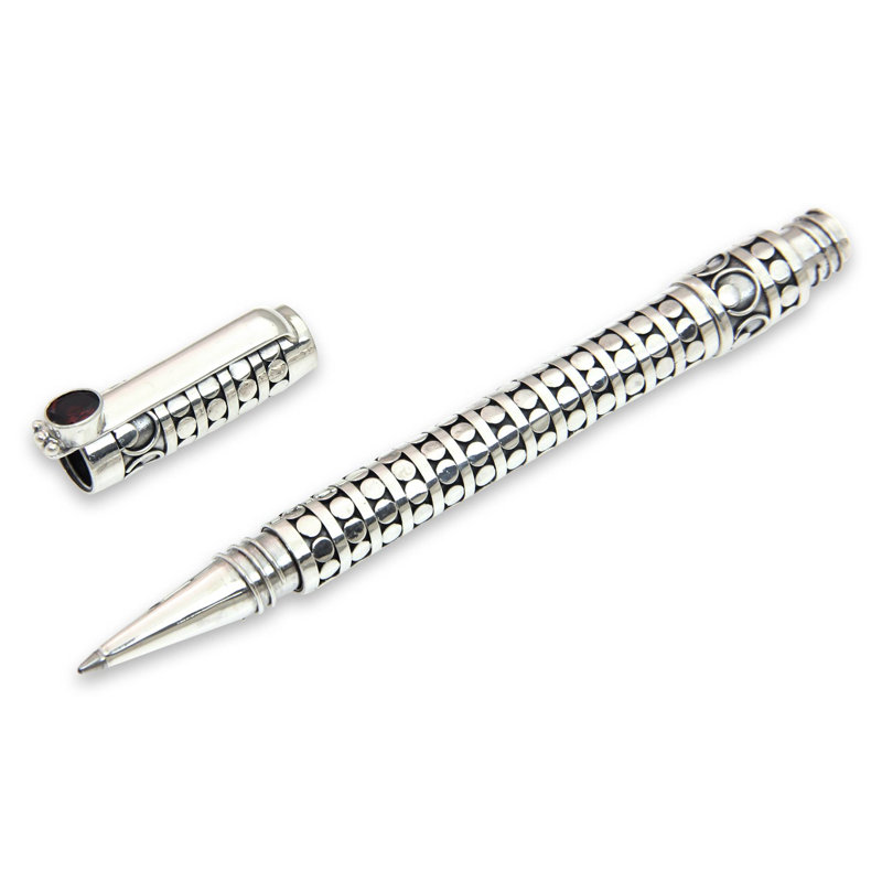 Stylo à bille NOVICA à pois, argent et grenat