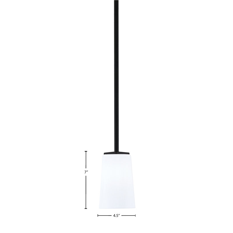 Mini suspension Antonetta Stem présentée en finition noir mat avec verre opale blanc de 11,4 cm de largeur x 16,5 cm de hauteur