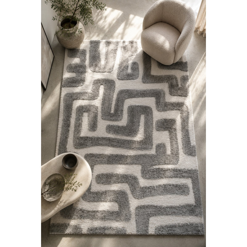 Tapis en polyester recyclé gris et ivoire Luna Meara, Rectangle 5' x 8'