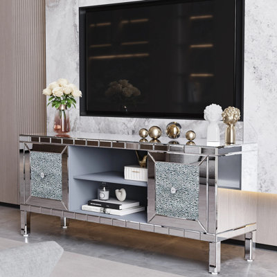 Alan Mirrored TV Stand with Crushed Diamond Doors & Adjustable Shelves