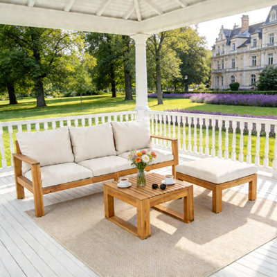 Ensemble de canapé d'extérieur 3 pièces en bois d'acacia avec table basse et repose-pieds, coussins résistants aux intempéries