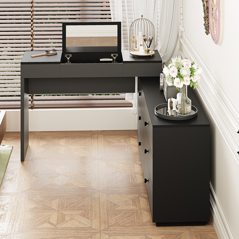 95.6'' Extendable Makeup Vanity Desk With Flip-Top Mirror And Storage Drawers Home Office Desk, Dark Gary