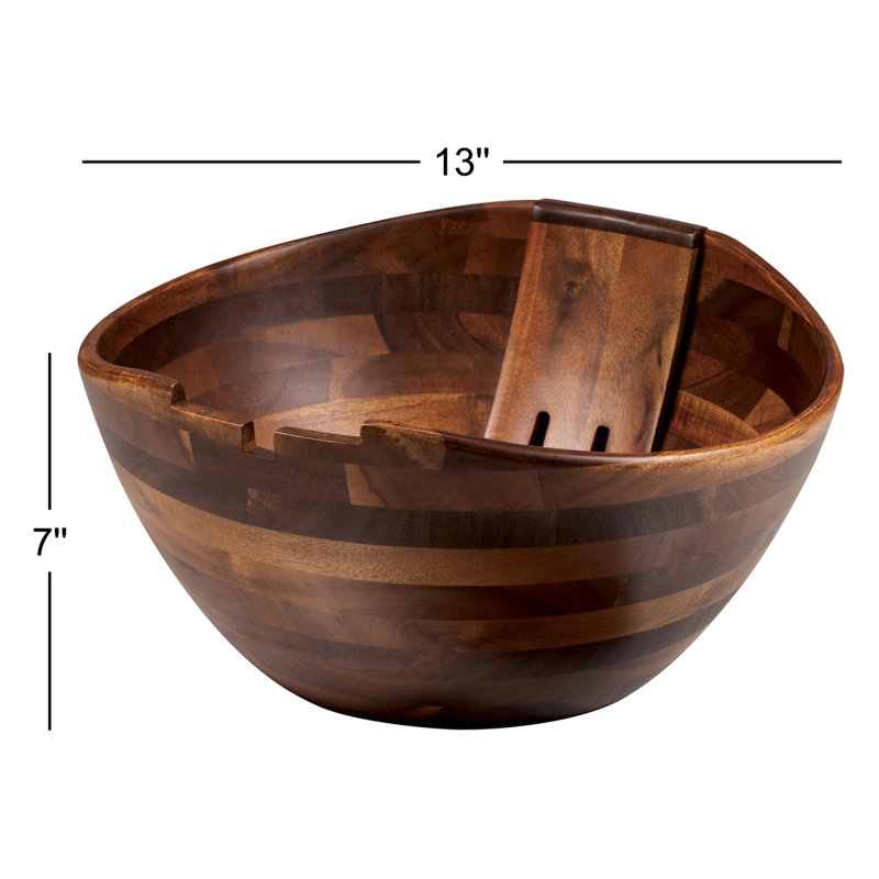Acacia Wood Salad Bowl with Integrated Tossing Tools
