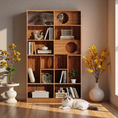 Bibliothèque pour chat moderne 2 en 1, étagère à chat avec rangement, bac à litière pour chat