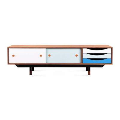 Armoire de télévision de style bleu rétro de 1955, placage de noyer naturel sur pieds, pieds en acier inoxydable noir, pieds en bois massif, tiroirs laqués pour armoire principale principale en bleu