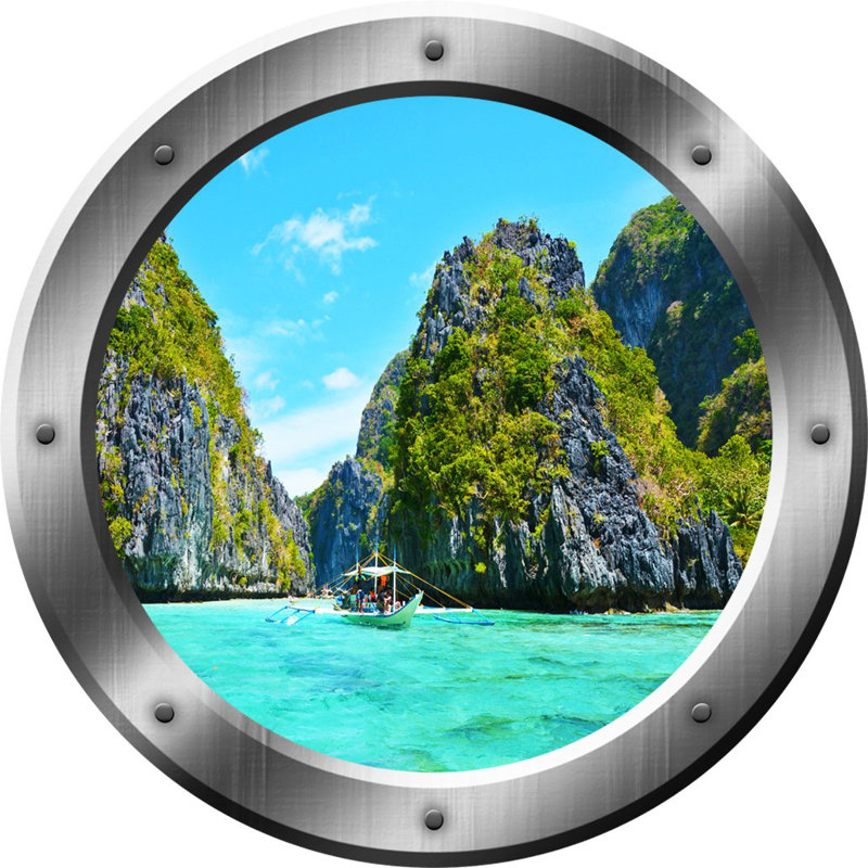 Décalcomanie murale 3d ocean montagnes hublot, H 20 po x l 20 po x P 0,01 po