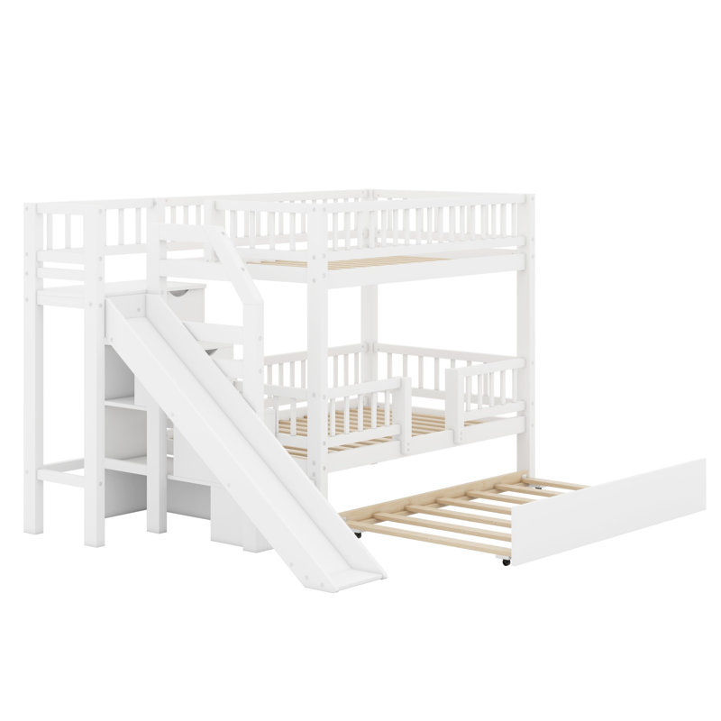 Lit superposé robuste avec escalier de rangement, glissade amusante et lit gigogne, White