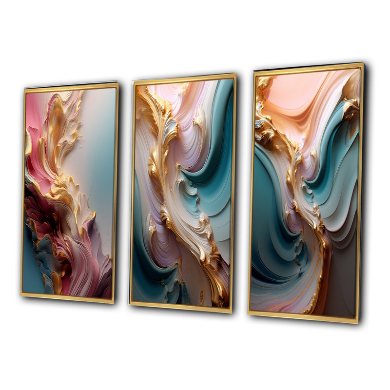 Exquise Wave Symphony liquide or rose bleu - formes abstraites, ensemble d'art de 3 pièces, Cadre flottant doré
