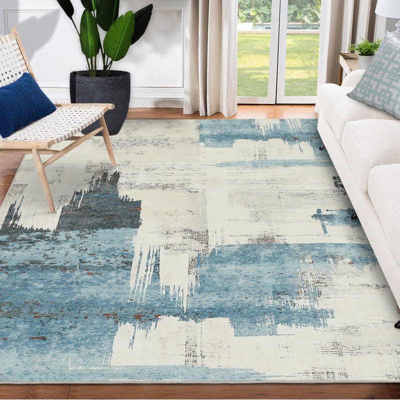 5'x7' Modern Abstract Washable Area Rug, Non-Slip Low Pile Pearl Velvet Floor Carpet for Living Room, Beige Blue