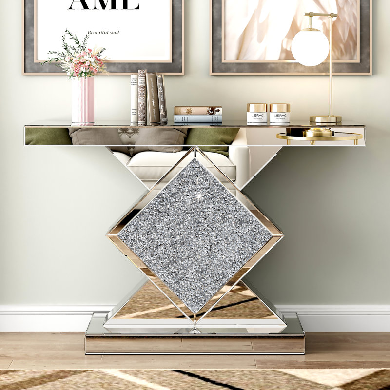 Andreja Mirrored Glass Console Table with Crushed Diamond Inlay