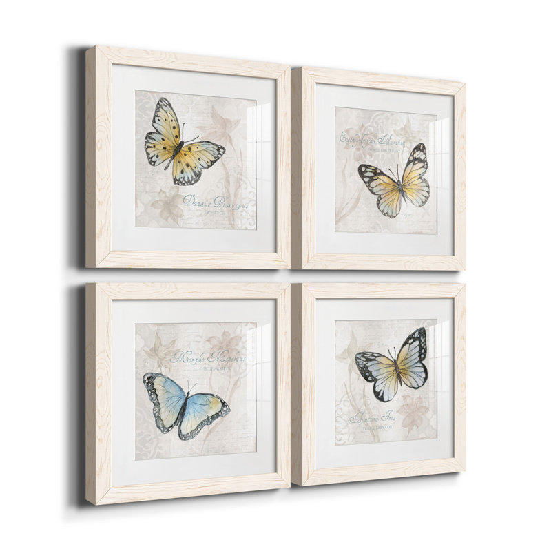 Carte postale papillon I - ensemble de 4 reproductions d'art sur toile, H 27,5 po x l 110 po x P 1,5 po, Blanc, Blanc