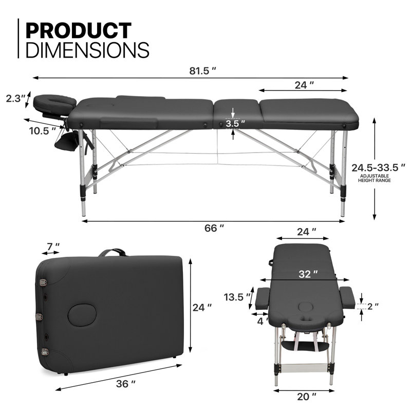 Table de massage pliable Llewyn, Noir, noir, noir, noir