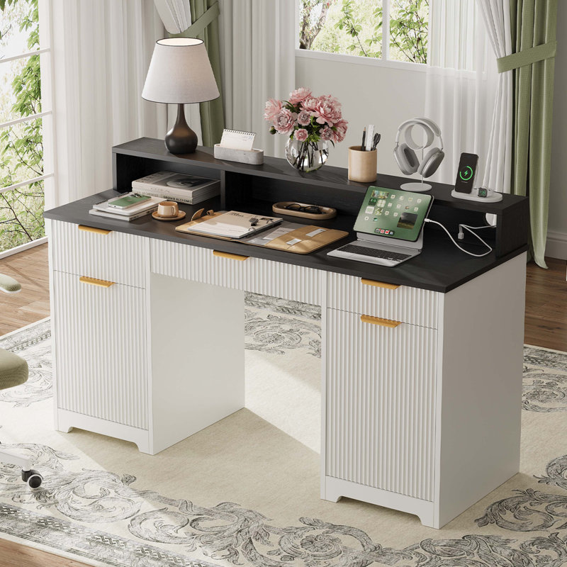 Table d'ordinateur de bureau de direction avec prises de courant et support pour moniteur, bureau d'écriture avec tiroir de rangement pour clavier et classeurs pour bureau personnel