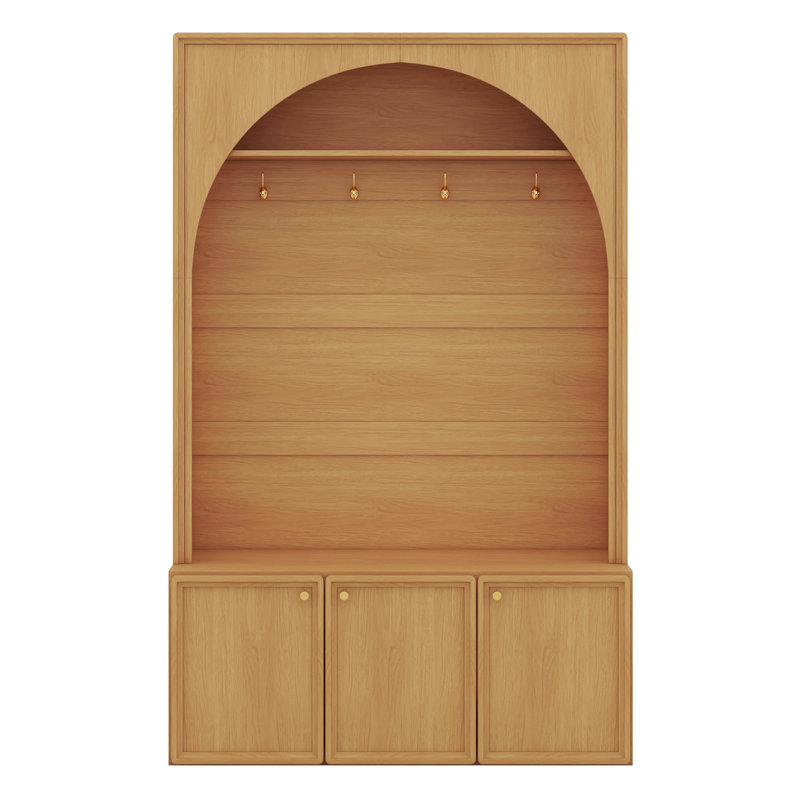 Hall Tree Entryway Organizer, Storage Bench With 3 Cabinets Adjustable Shelves, Retro Arched Coat Rack With 4 Golden Hooks