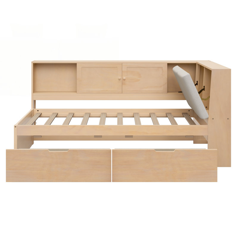 Wooden Twin Size L-shaped Daybed with Storage, Bookcase, Upholstered Headboard, and USB Charging Ports for Limited Space