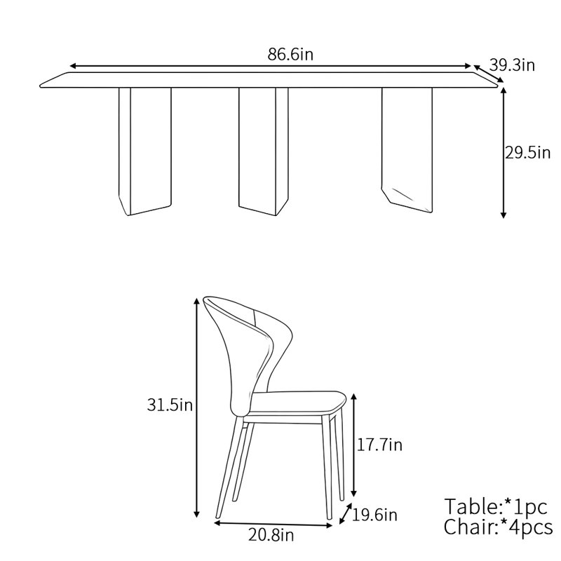 Ensemble de table de salle à manger simple européen moderne, H 29,5 po x L 86,6 po x l 39,3 po
