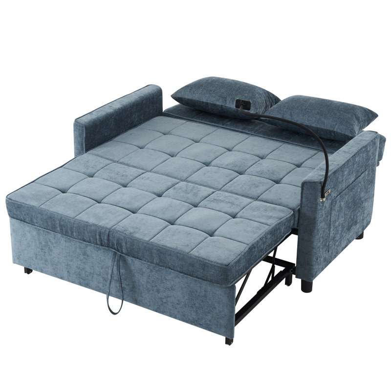 Loveseat Sofa Bed, Dual USB Ports & Phone Holder, Blue