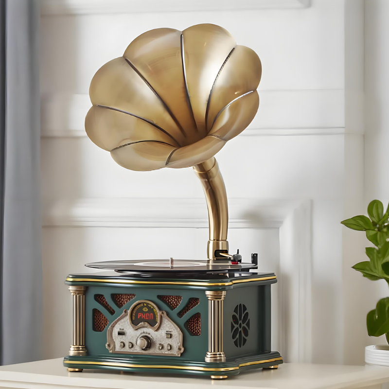 Tourne-disque Bluetooth 11,42 "avec cadre en chêne rétro et haut-parleurs intégrés, Green
