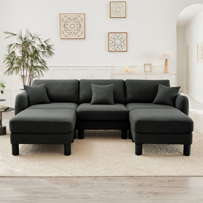 Boucle Fabric U Shape Sectional 3-Seater Sofa Couch With Distinctive Shell-Shaped Armrests And 2 Movable Ottomans,Cylindrical Legs Wrapped With Self-Fabric