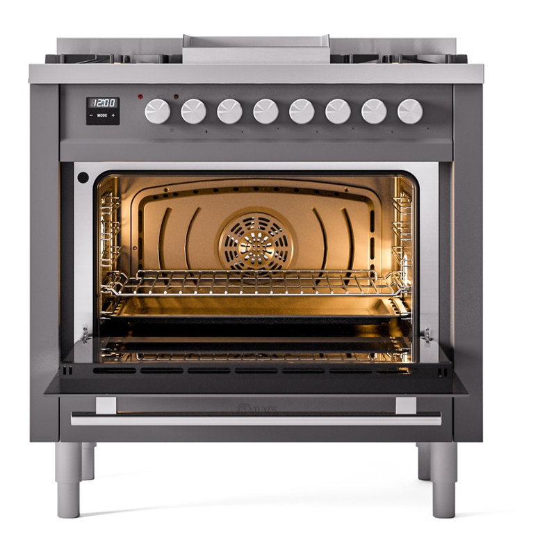 Cuisinière à double combustible 36 ILVE Professional Plus II, 6 brûleurs scellés, plaque chauffante (graphite mat)