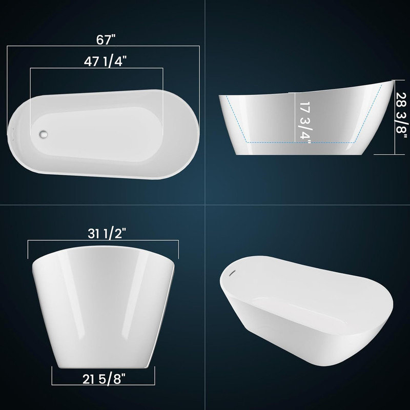 59"/67" Freestanding Bathtub, White Acrylic Soaking Tub with Chrome Drain, cUPC Certified, Glossy White