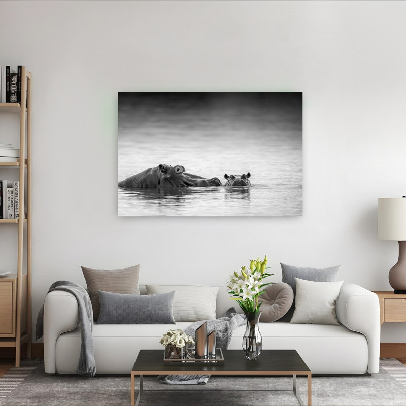 Mère et bébé, hippopotames paisibles, sérénité, animal tranquille, art mural, H 40 po x l 60 po