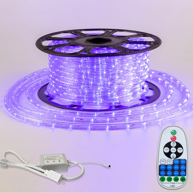 147.6FT LED Rope Light (3000K), 120V Plug-in, Cuttable, Connectable, Brightness Adjustable, IP65 Waterproof, Remote Control with Dynamic Modes and Timer