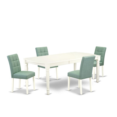 5 Piece Mid Century Modern Dining Set Includes A Wooden Table and 4 Willow Green Polyester Fabric Parsons Chairs, Linen White