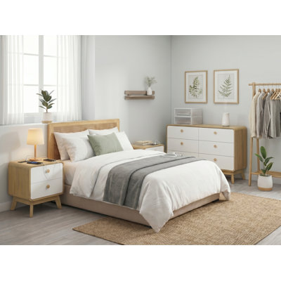 Aries 3-Piece Bedroom Set With 6-Drawer Dresser And Set Of 2 Matching Nightstands, Wooden Bedroom Furniture Set With Spacious Storage Drawers, Oak White