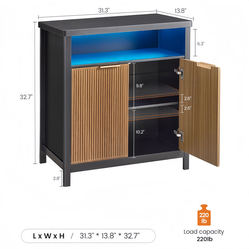 Sideboard 31.3'' Narrow Buffet Cabinet with Storage Cube LED Light Ultra-Modern Black Medium Wood Tone Kitchen Dining Room