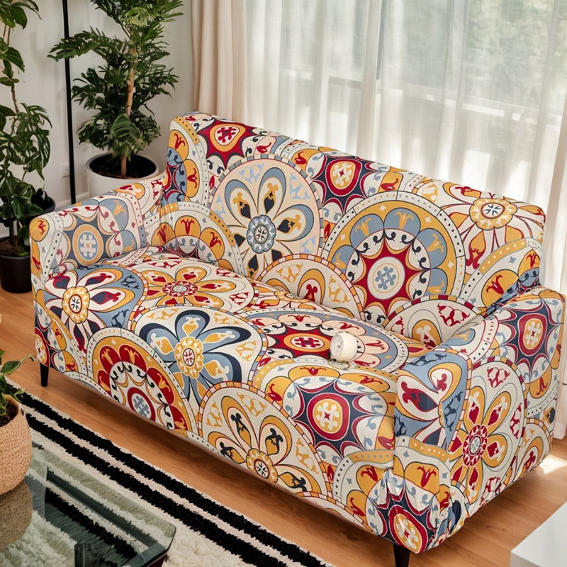 Boho Floral Medallion Stretch Sofa Slipcover, Multicolor Microfiber Digital Print, Machine Washable Non Slip Couch Protector, Fits Chair, Loveseat, Sofa & XL Sofa
