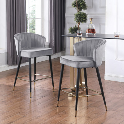 Contemporary Velvet Upholstered Counter Height Stool With Deep Channel Tufting And Gold Tipped Metal Legs