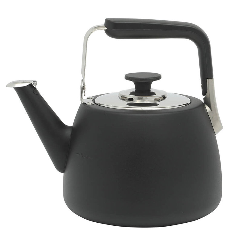 Large Brushed Stainless Steel Whistling Tea Kettle with Black Handle