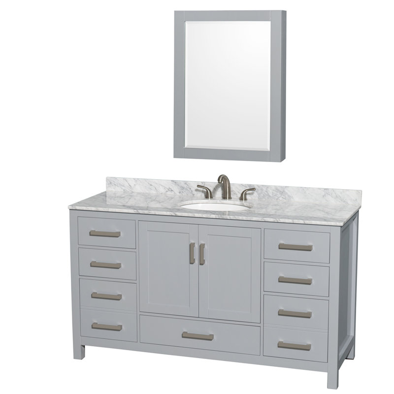 Sheffield 60" Freestanding Single Bathroom Vanity with Marble Top with Medicine Cabinet, Brushed Chrome, Gray