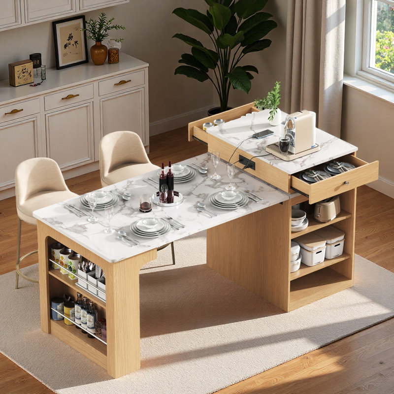 Kitchen Island With Extendable Dining Table, Double-sided Storage, 2 Drawers, Power Outlet And Side Open Shelves, Natural