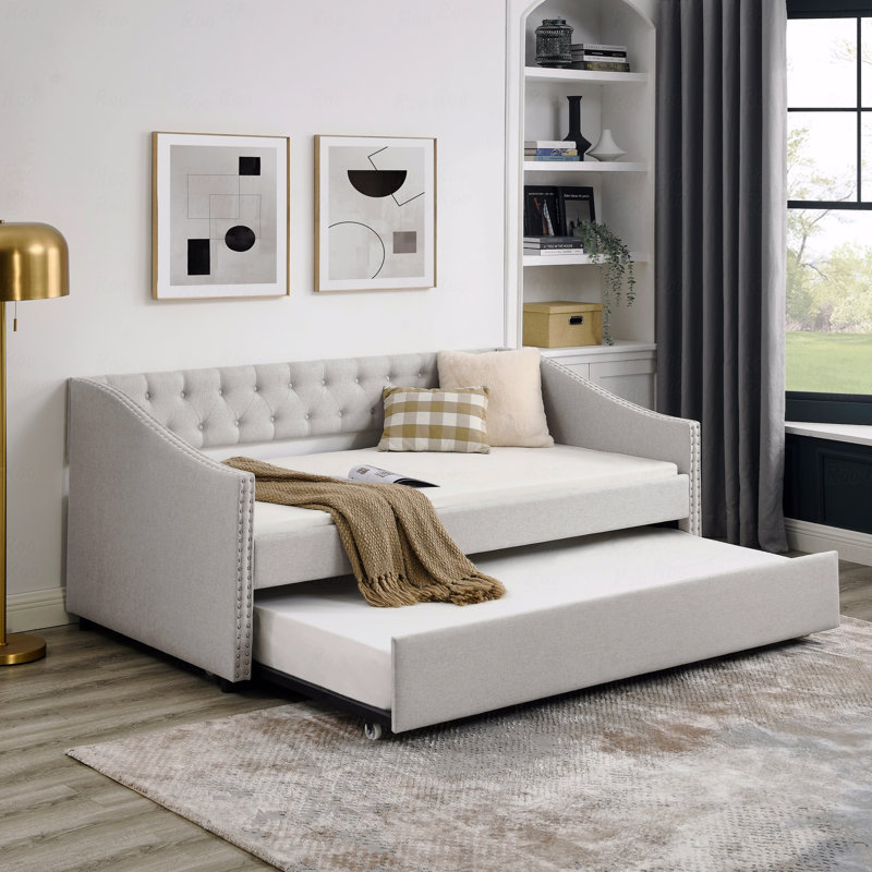Upholstered Daybed, Twin Size Daybed With Twin Size Trundle Tufted Sofa Bed, With Button On Back And Copper Nail On Waved Shape Arms