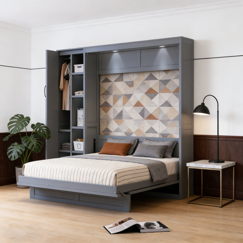Lit escamotable avec tête de lit éclairée, armoire et tablettes, Gris, Complète