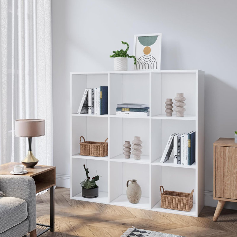 Ebern Designs Bookcase, 9 Cube Open Storage Organizer Display Bookshelf, 35.1"H x 35.1" W x 11.8"D, Ivory White
