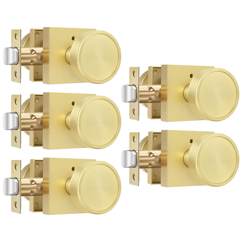 Poignées de porte intérieures dorées, en alliage de zinc brossé doré, pour chambre et salle de bain, robustes, carrées et rondes, en laiton - Lot de 5