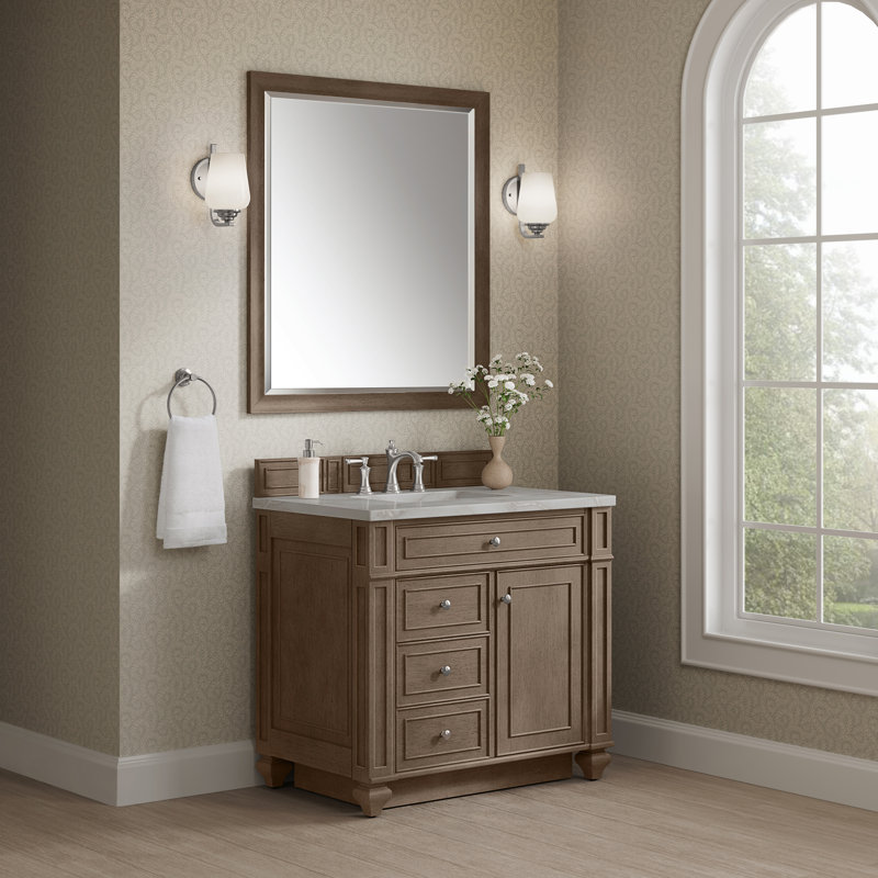 Meuble-lavabo simple 36 po Calisto, Noyer blanchi, Quartz victorien argenté, 8 po