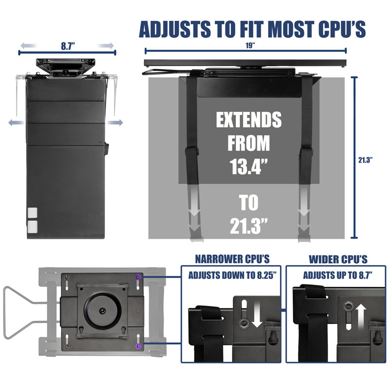 Mount-It! Under Desk CPU Mount with Adjustable Straps, Computer Tower Holder with Sliding Track