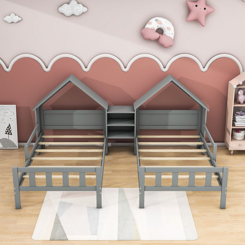 Daebreona Double Twin Platform Bed with House-shaped Headboard and a Built-in Nightstand, Grey