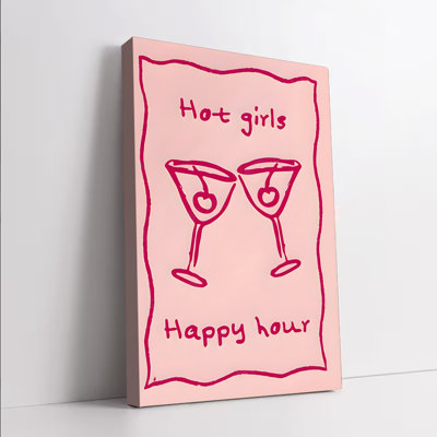 1 pièce d'art mural encadré, art mural en toile rose avec motif «Hot Girls Happy Hour» et impressions en verre à martini, décor amusant et élégant pour le salon, la chambre à coucher, le bar ou le dortoir, cadeau pour les amis et les amoureux de la fête, décoration moderne tendance