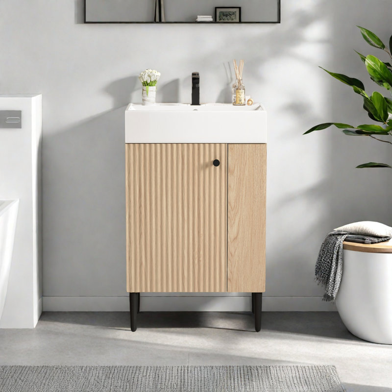 Meuble-lavabo en bois 21,6 po, armoire combinée, meuble de rangement pour salle de bain, lavabo simple en céramique