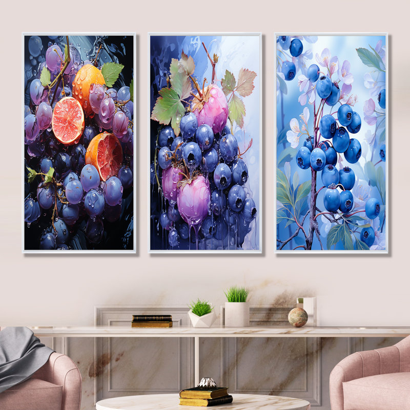 Ballet Blueberry Fruit Serenade I - Ensemble de 3 décorations murales fruits, Cadre flottant blanc, H 40 po x l 60 po