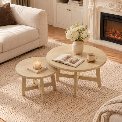 Set of 2 Wood Round Nesting Coffee Tables, Stackable Side Tables with X-Shaped Frame, End Tables