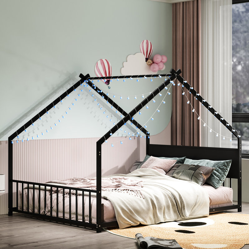 Lit House - cadre en métal noir pour lattes, lumières, sans sommier, Lit double