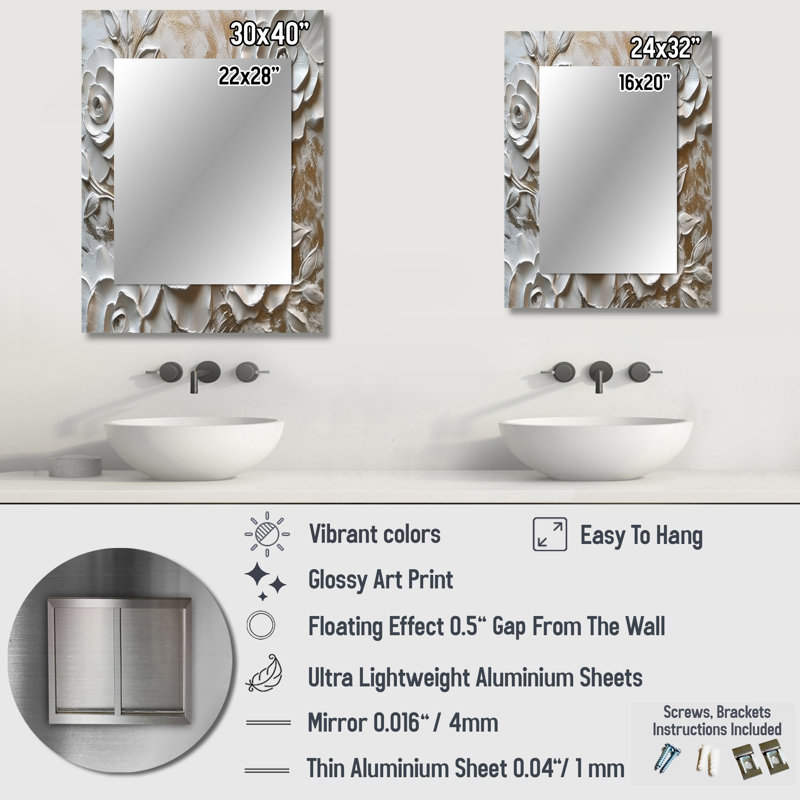 White Roses In Bloom - grand miroir mural rose, miroir décoratif traditionnel, impression d'art en métal, 40 po x 30 po