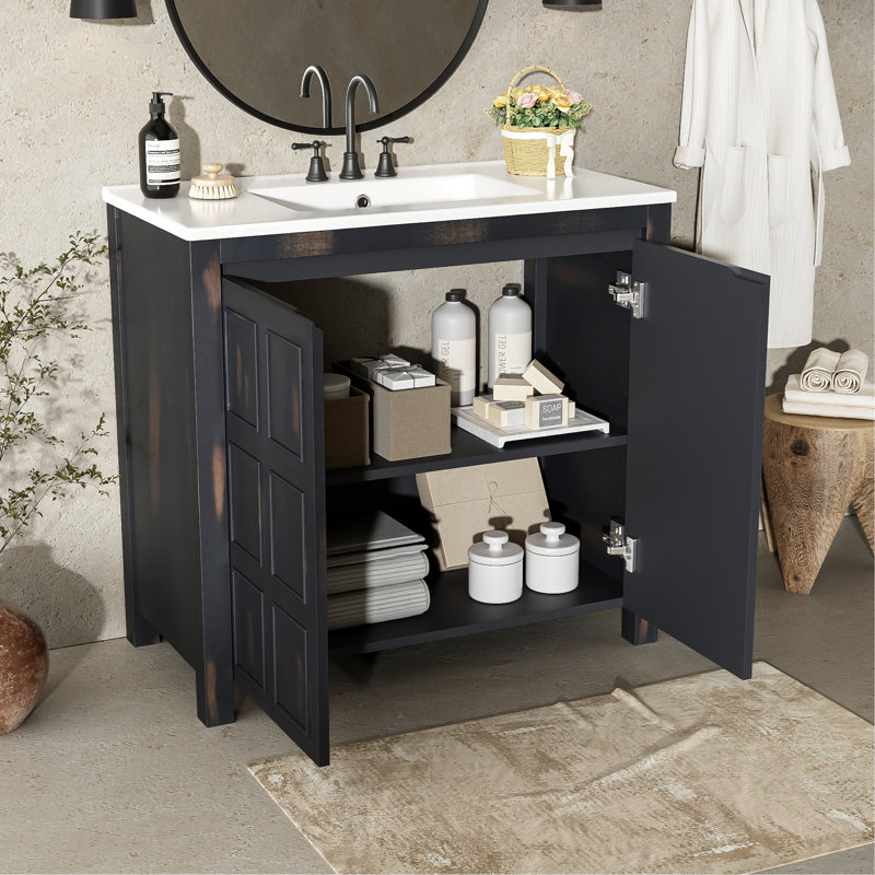 Organisateur de meuble-lavabo 36 po avec lavabo en céramique, ensemble d'armoire de rangement, espresso rétro (ancien SKU: SV000004AAE-2)